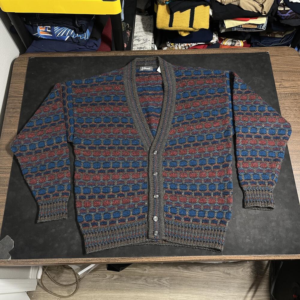 Vintage Mohair Cardigan Wool Sweater 1970s Men XL Italy Rainbow Multicolor Knit